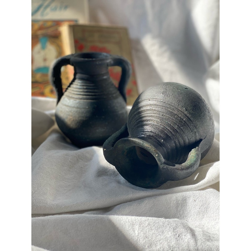 Pair of Pacific Blue Trading Co Amphora Style Pottery Vessels, rustic black vase